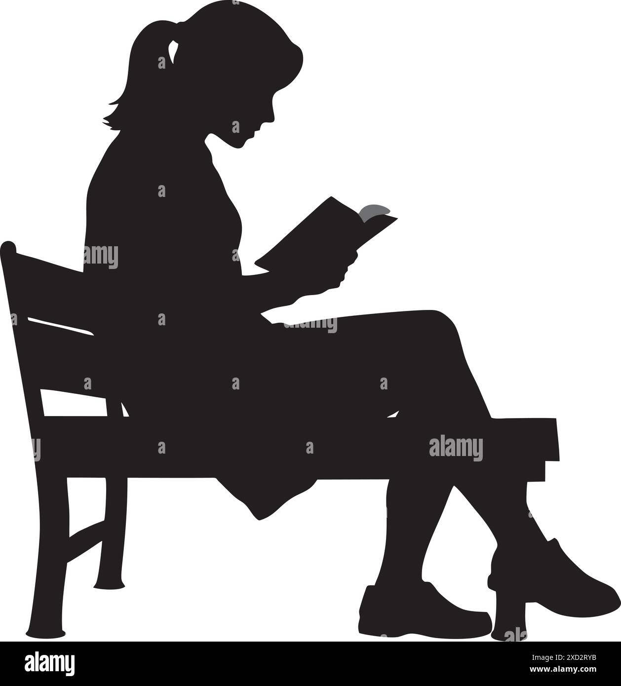 A black silhouette of a woman sitting on a park bench, engrossed in a book Stock Vector