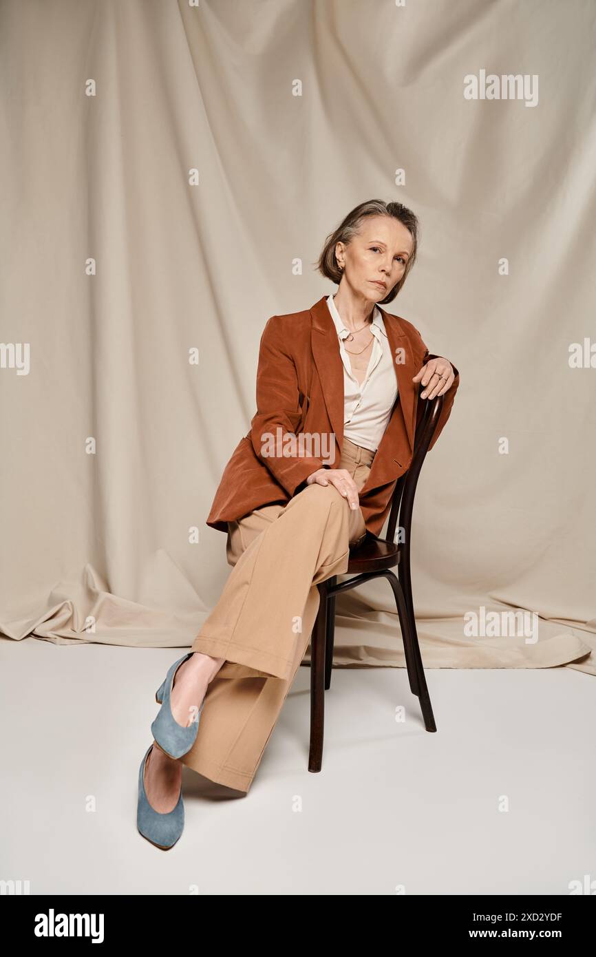 Mature woman in tan jacket and pants sitting comfortably on chair Stock ...