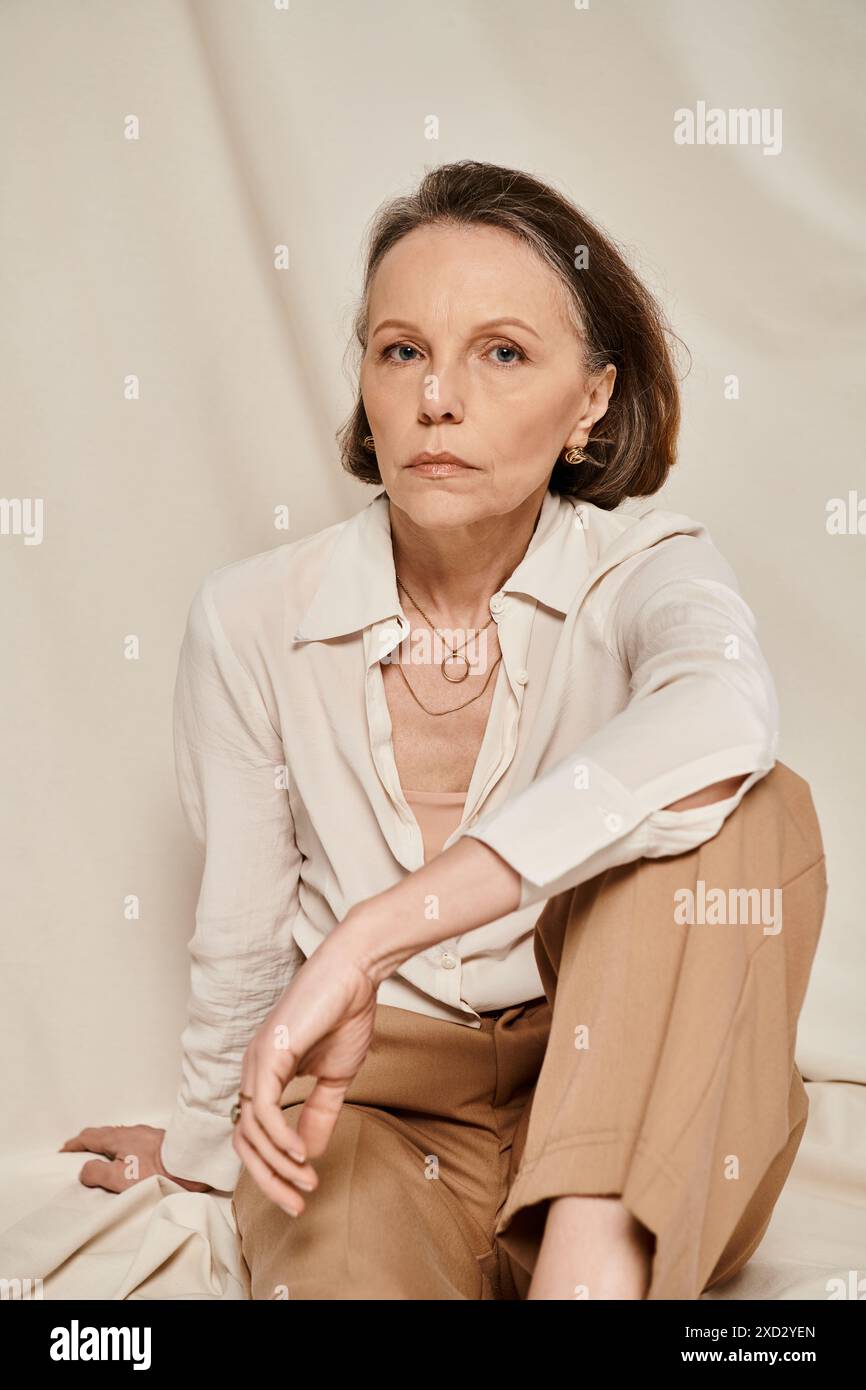 Mature woman in white shirt and tan pants, active and graceful Stock ...