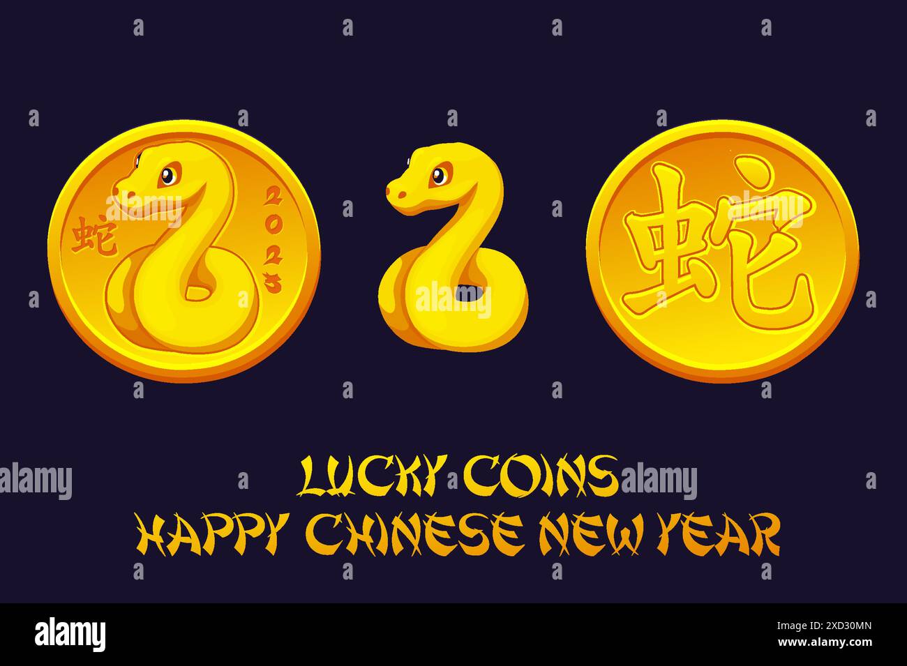 2025 Year of the Snake, Golden coins with snake. China Symbols, Good luck talismans Stock Vector