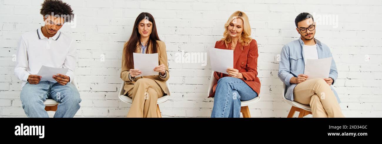 Group of people sitting in a row, holding papers Stock Photo - Alamy