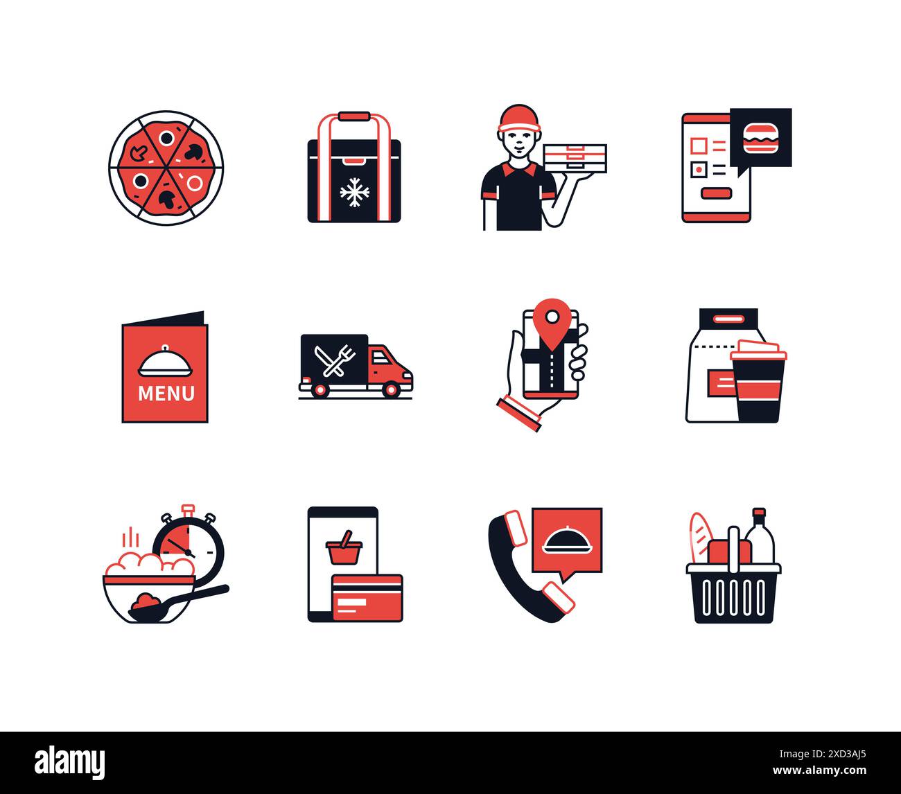 Food delivery from a restaurant - line design style icons set Stock Vector