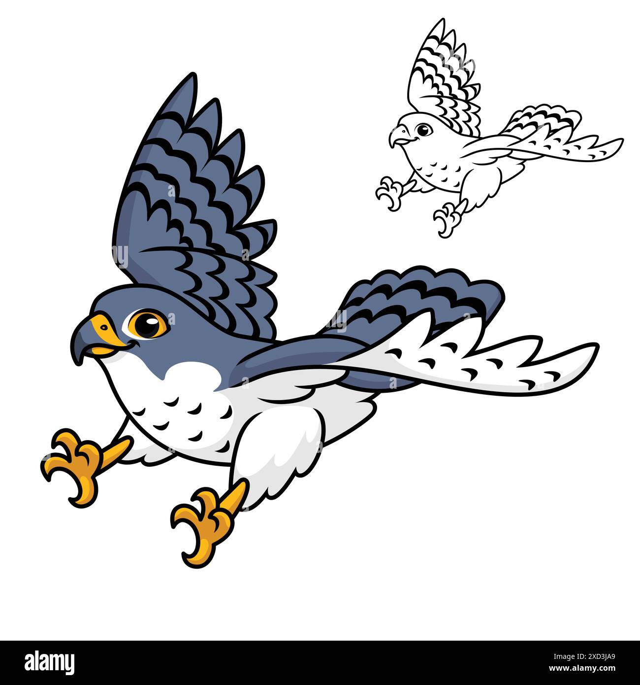 Cute Peregrine Falcon Flying Ready Pounce Prey with Line Art Drawing, Animal Birds, Vector Character Illustration, Cartoon Mascot Logo. Stock Vector