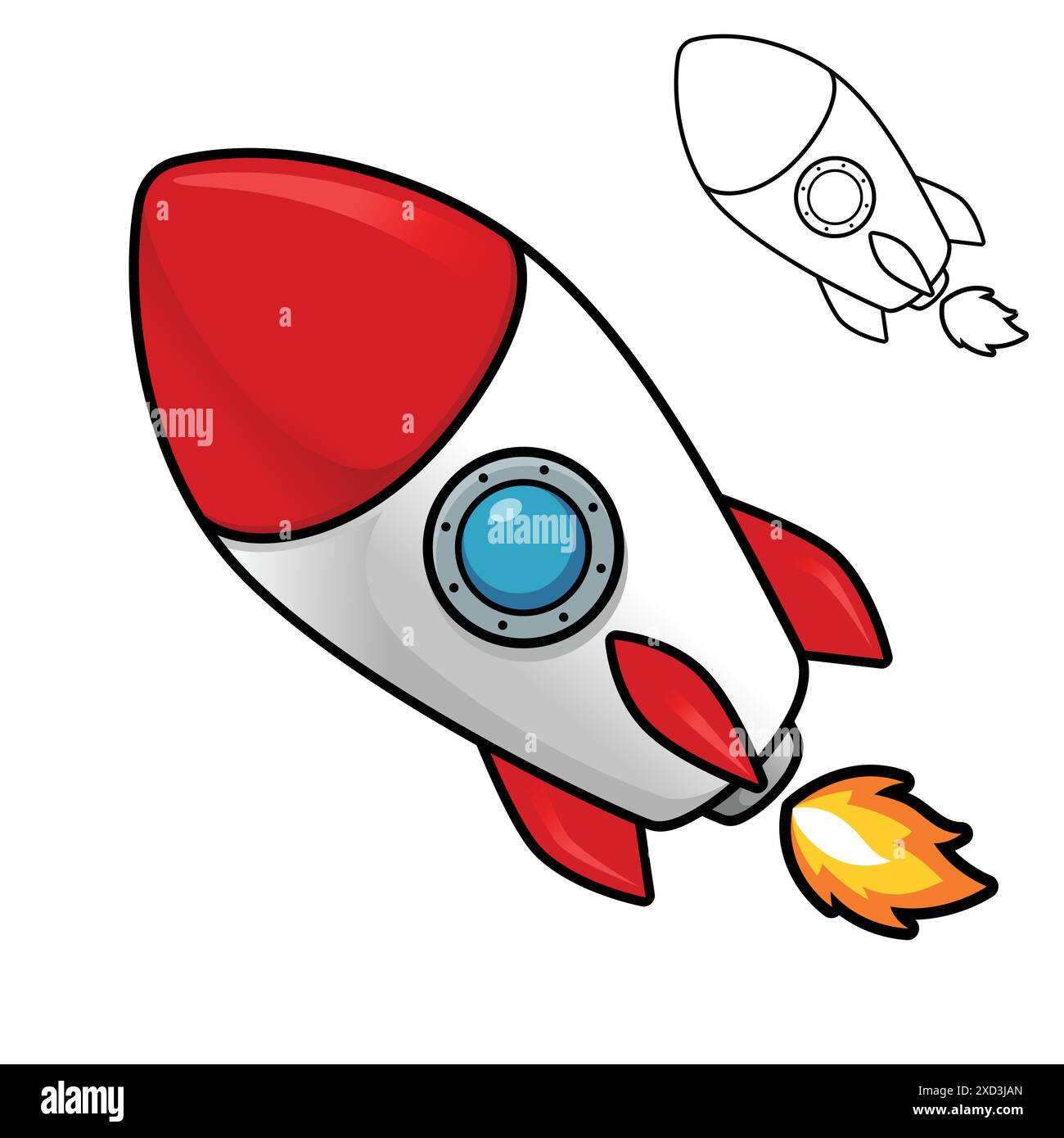 Rocket Vector Cartoon Illustration with Black and White Line Art ...