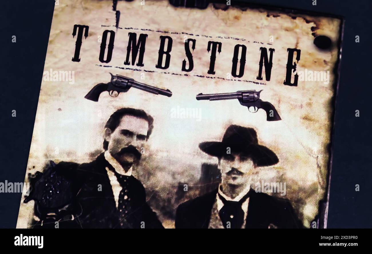 Viersen, Germany - May 9. 2024: Detail of cinema film vintage art poster of western movie Tombstone with Val Kilmer, Kurt Russell from 1993 Stock Photo