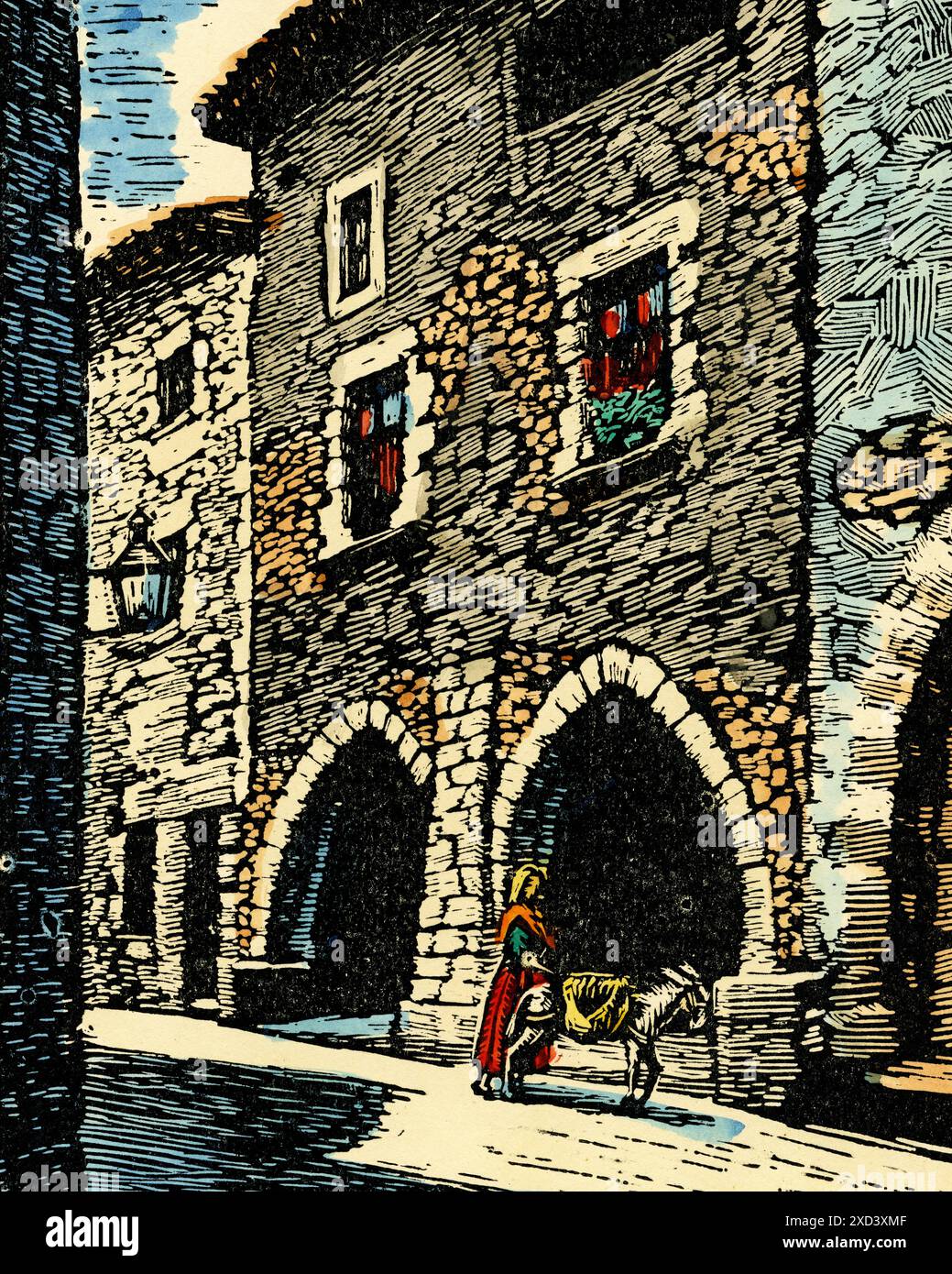 Medieval Spanish Village Stone Archway With Donkey And Woman Traveler medieval-spanish-village-stone-archway-with-donkey-and-woman-traveler