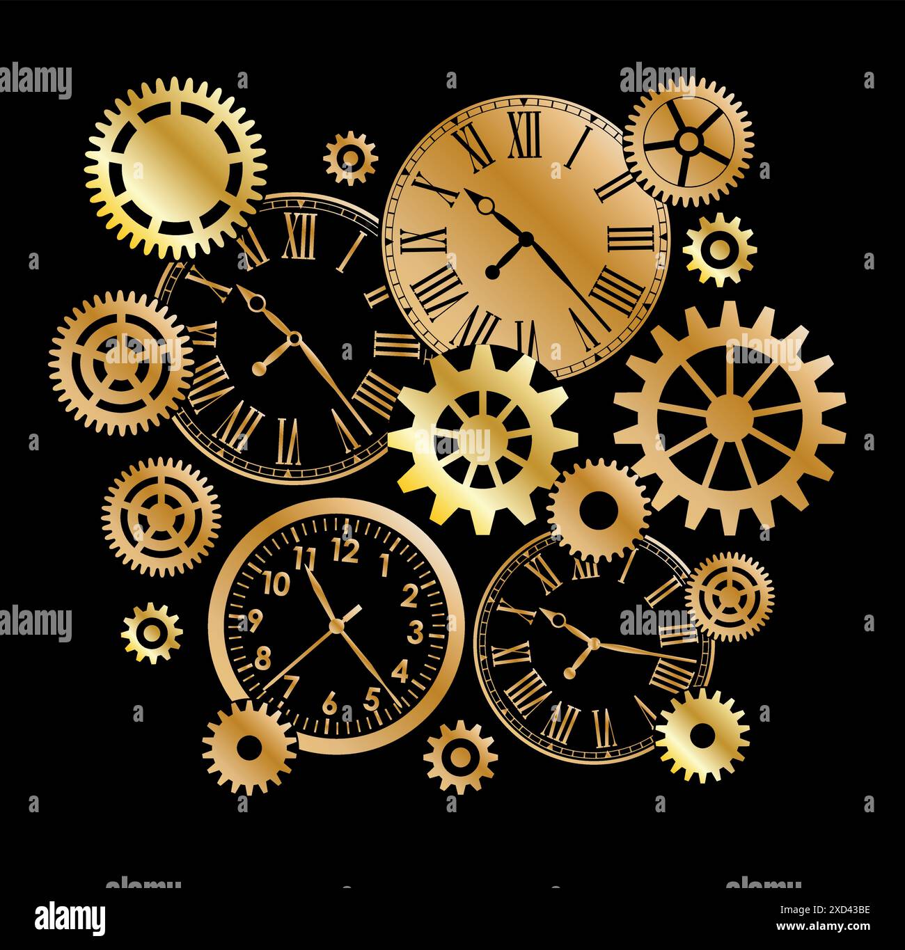 Golg metal clocks and gears and mechanisms on black background Stock Vector