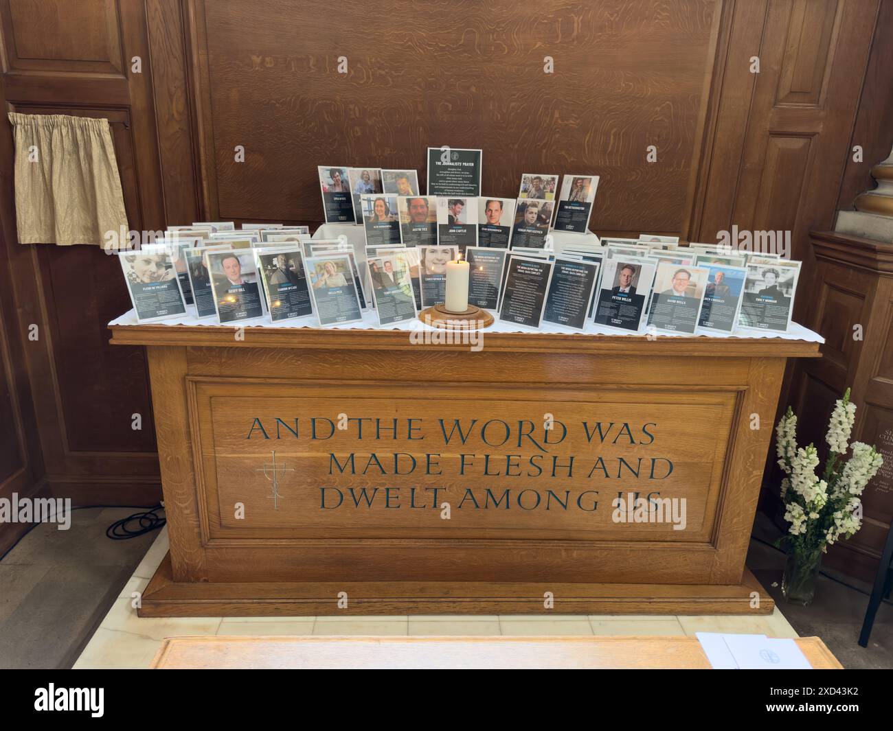 The journalists prayer display which remembers journalists killed, died, taken hostage or who are missing in St Bride's Church, or the journalists chu Stock Photo