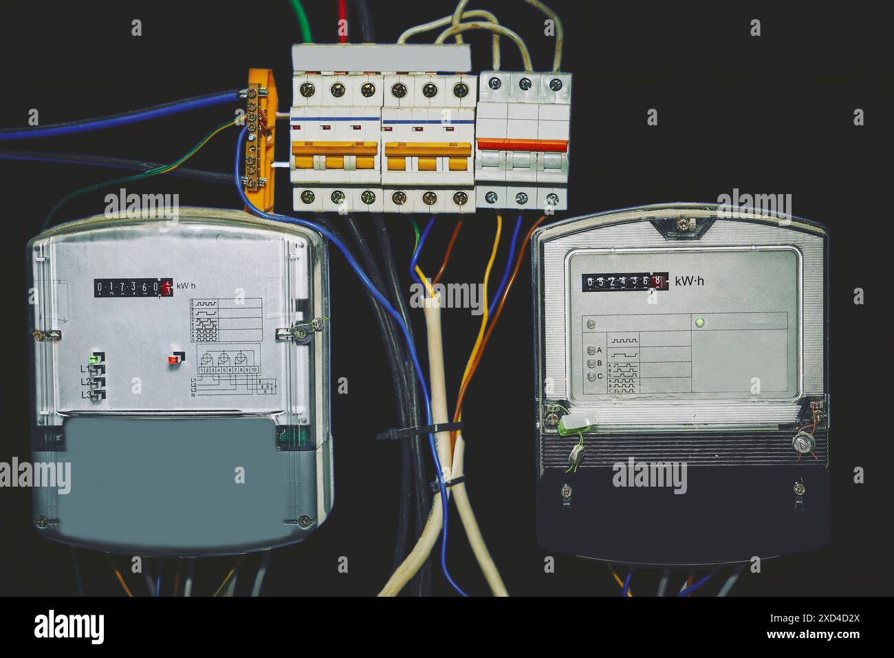 Electricity meter. Junction box with connection of electrical wires ...