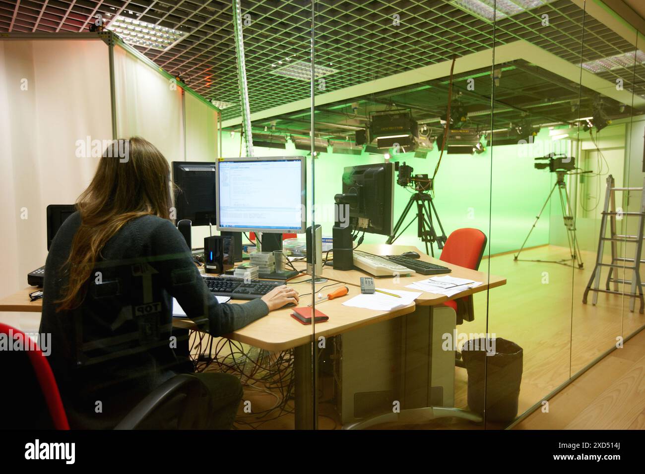 Green screen chroma key in TV set, digital TV lab, digital TV and multimedia services, Vicomtech-IK4 Visual Interaction and Communication Technologies Stock Photo