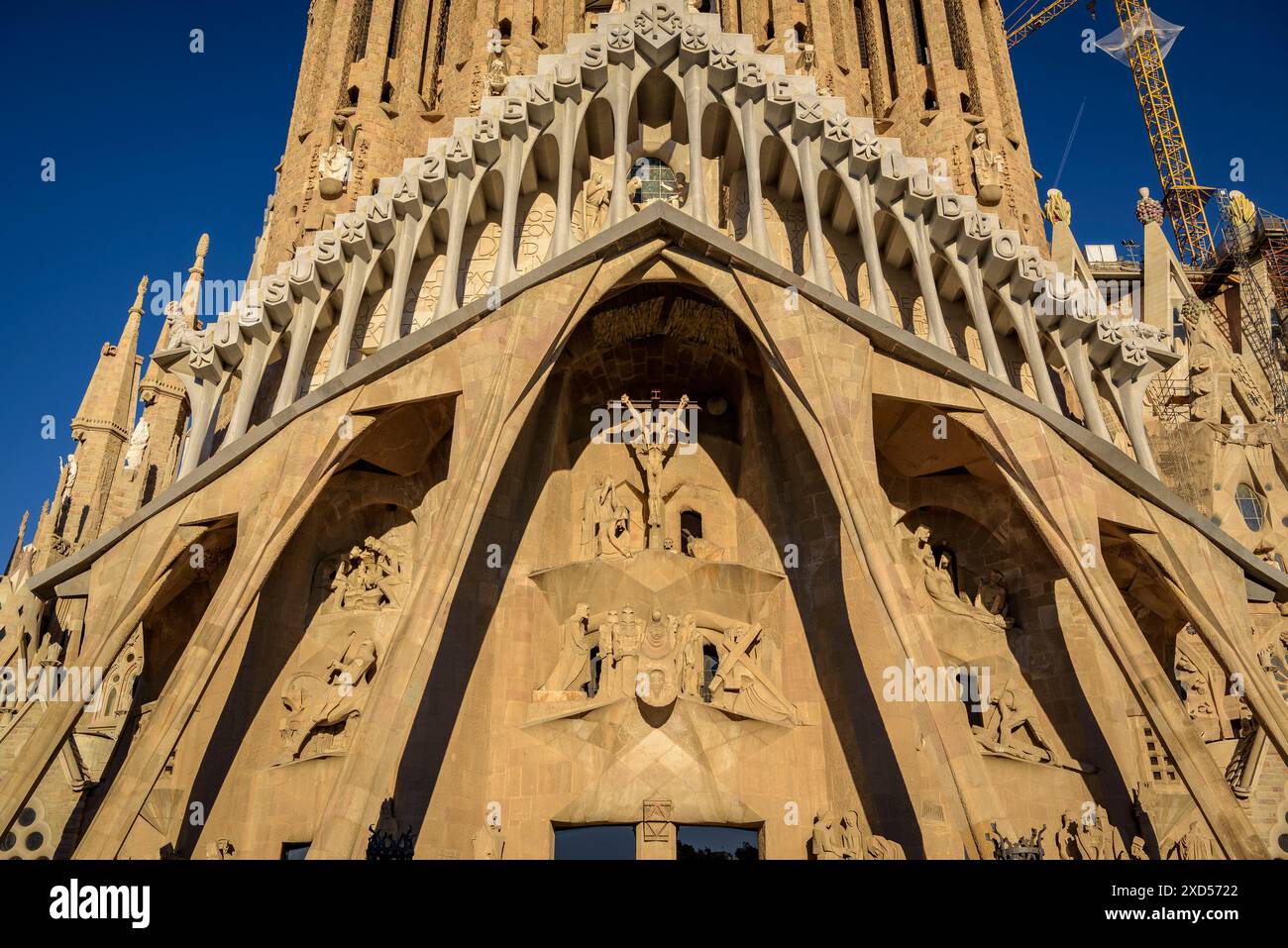 Passion Facade of the Sagrada Familia, in the afternoon (Barcelona, Catalonia, Spain) ESP: Fachada de la Pasión de la Sagrada Família, por la tarde Stock Photo