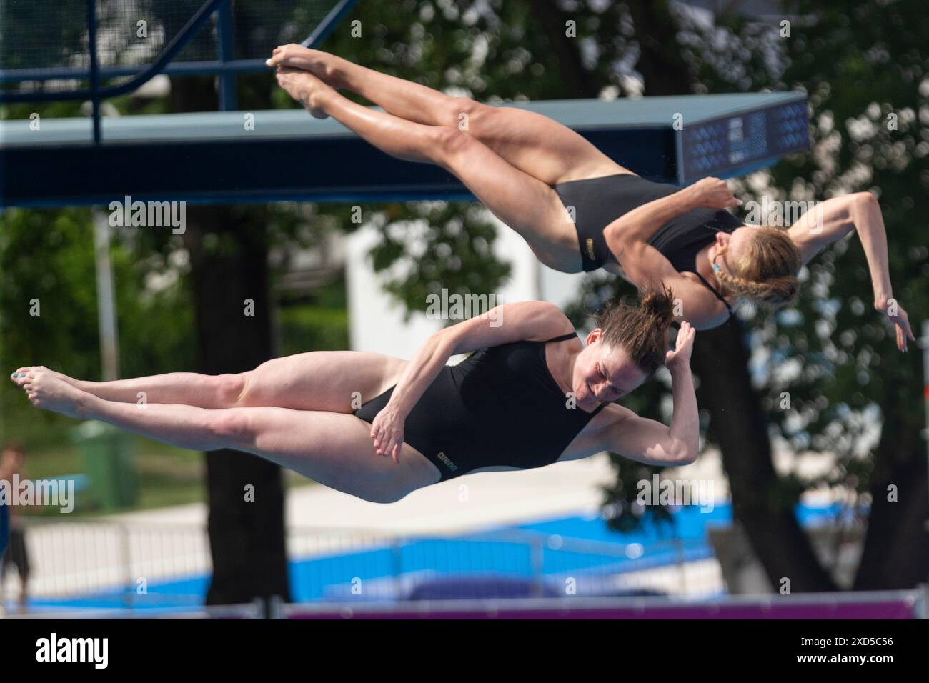 Synchronised Springboard Jana Lisa Rother, front, and Lotti Hubert of Germany compete during the ...