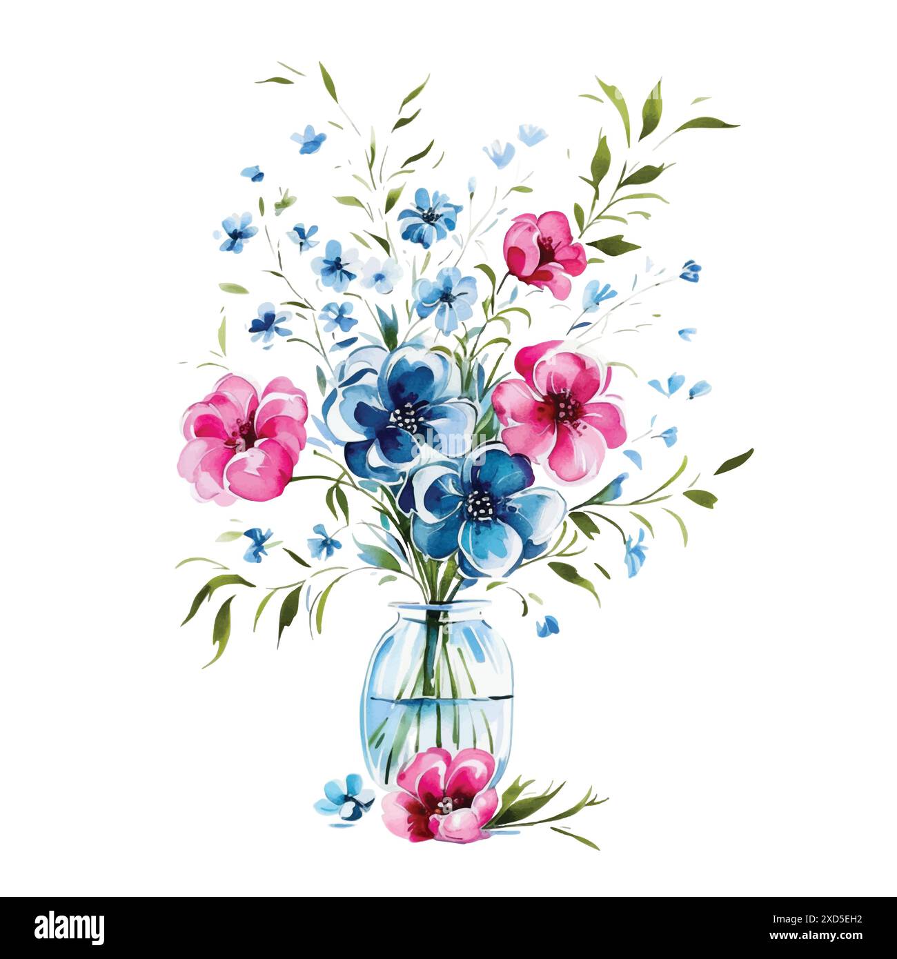 Watercolor Blue and Pink flowers in a vase. Vector Stock Vector Image ...