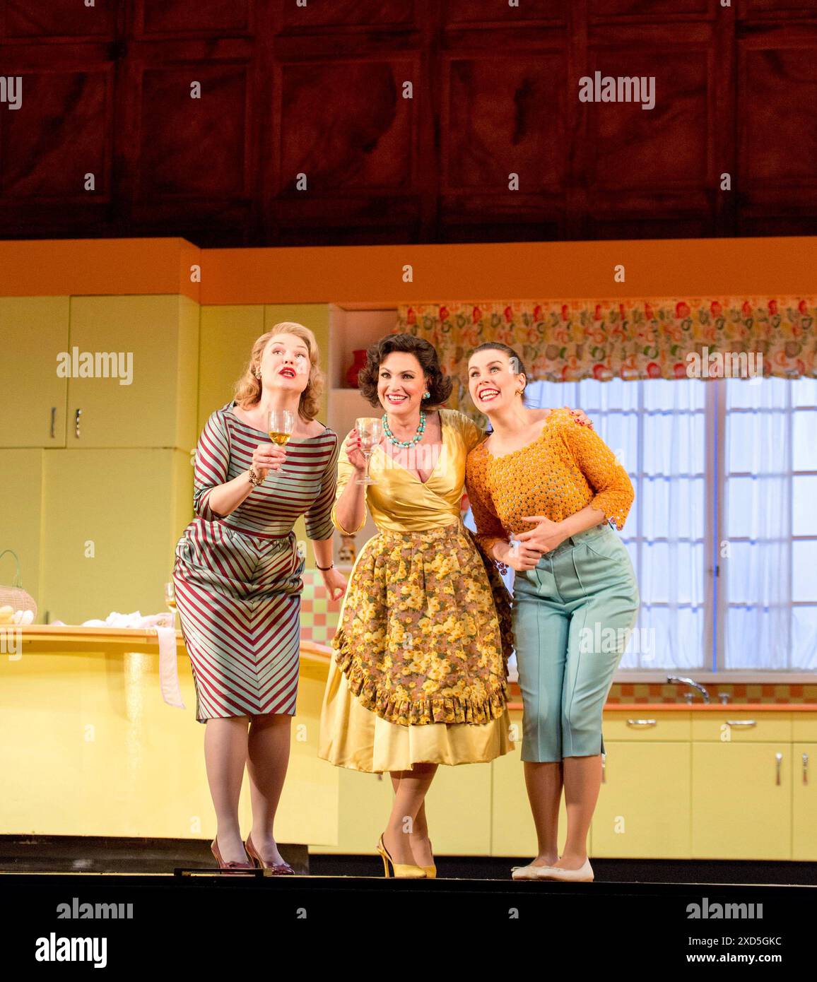 l-r: Kai Ruutel (Meg Page), Ainhoa Arteta (Alice Ford), Anna Devin (Nannetta) in FALSTAFF at the The Royal Opera, Covent Garden, London WC2  06/07/2015  a Royal Opera & Teatro alla Scala, Milan & Canadian Opera Company co-production  music by Verdi  libretto by Boito  after Shakespeare  conductor: Michael Schonwandt  set design: Paul Steinberg  costumes: Brigitte Reiffenstuel  lighting: Robert Carsen & Peter van Praet  original director: Robert Carsen Stock Photo