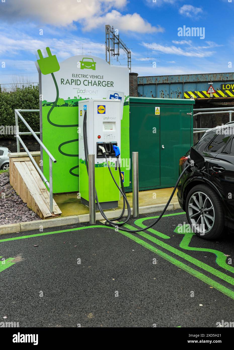 An electric vehicle rapid charging point at a Lidl supermarket
