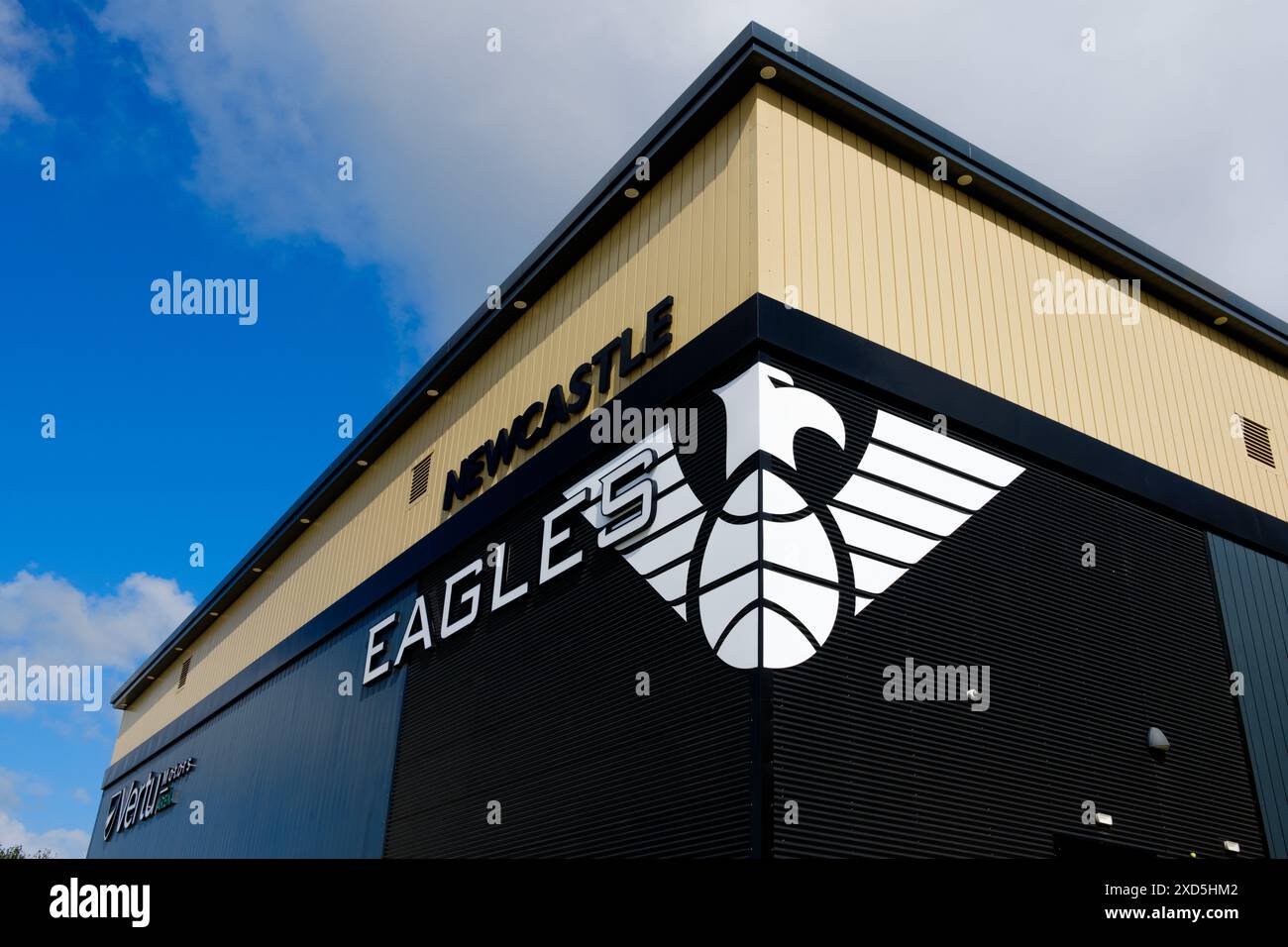 Newcastle UK: 8th June 2024: Newcastle Eagles basketball Stadium exterior with signage on a sunny blue sky day. Vertu Motors Arena Stock Photo