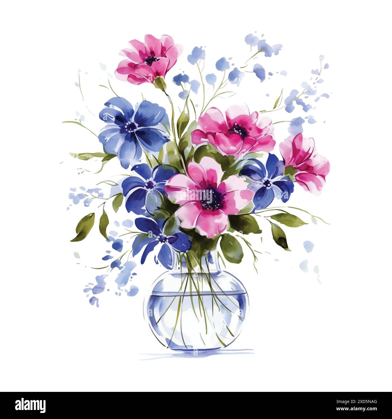 Watercolor Blue and Pink flowers in a vase. Vector Stock Vector Image ...