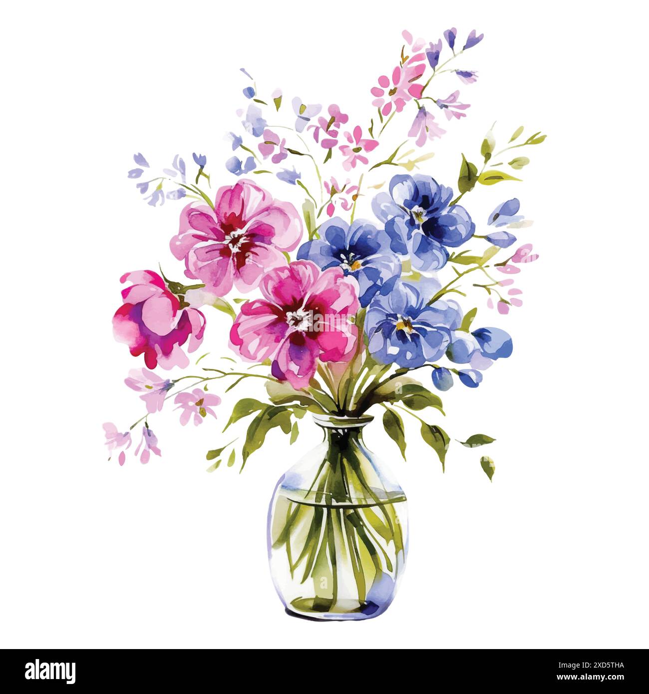 Watercolor Blue and Pink flowers in a vase. Vector Stock Vector Image ...