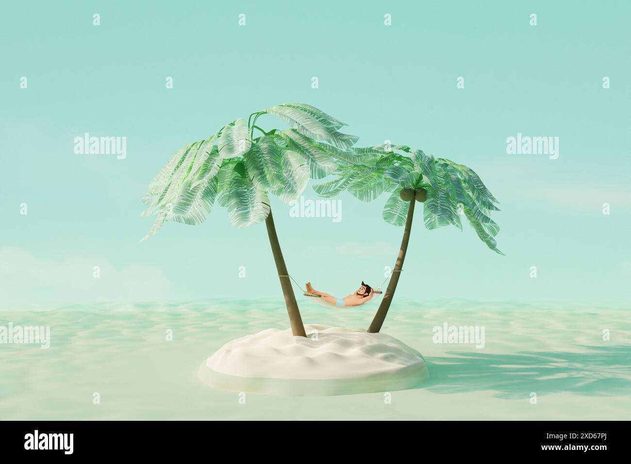 Young happy man relaxing on beach of island in hammock under the palm ...