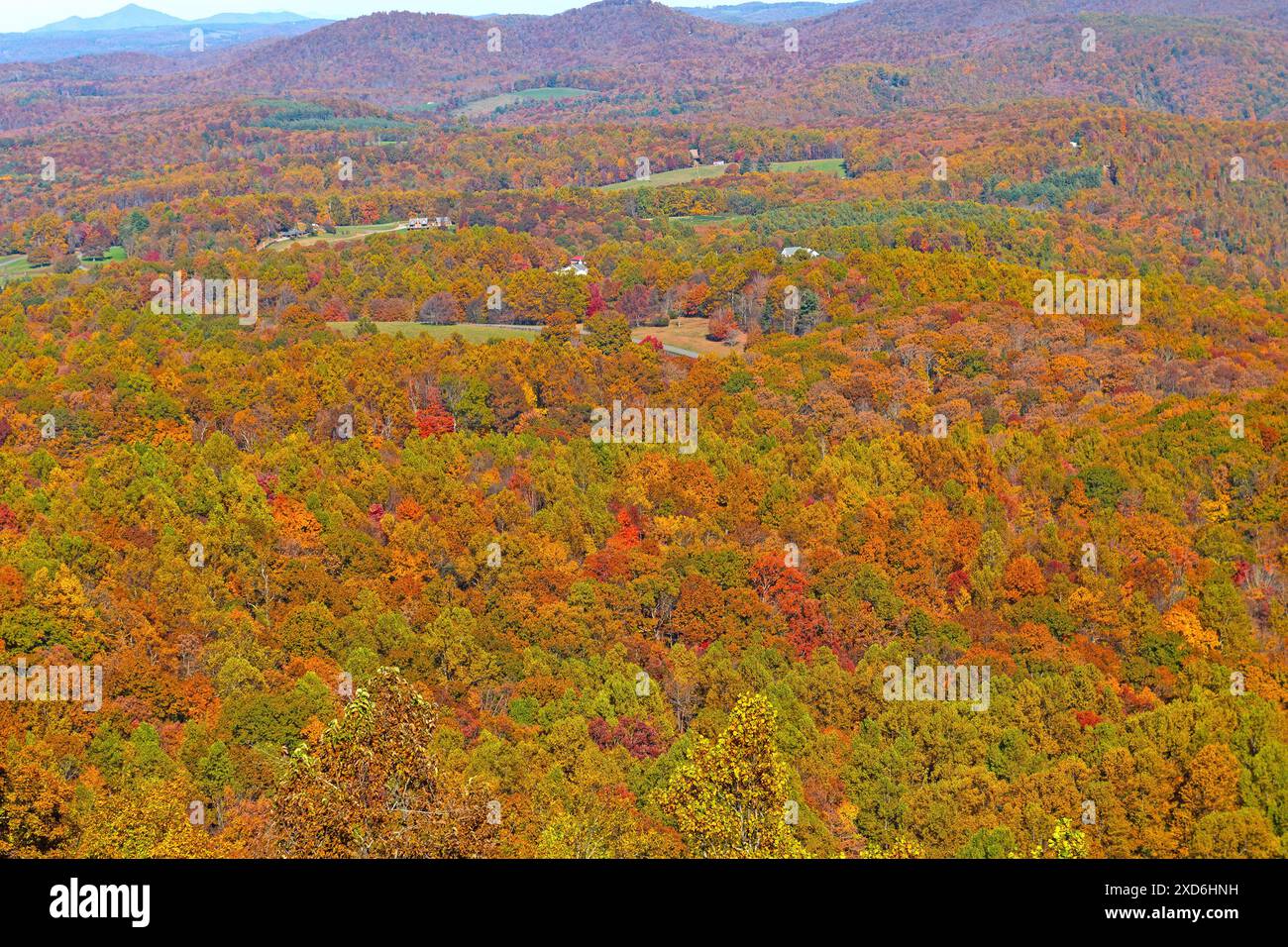 Fall Colors in a Rural Mountain Valley Along the Blue Ridge Parkway in Virginia Stock Photo