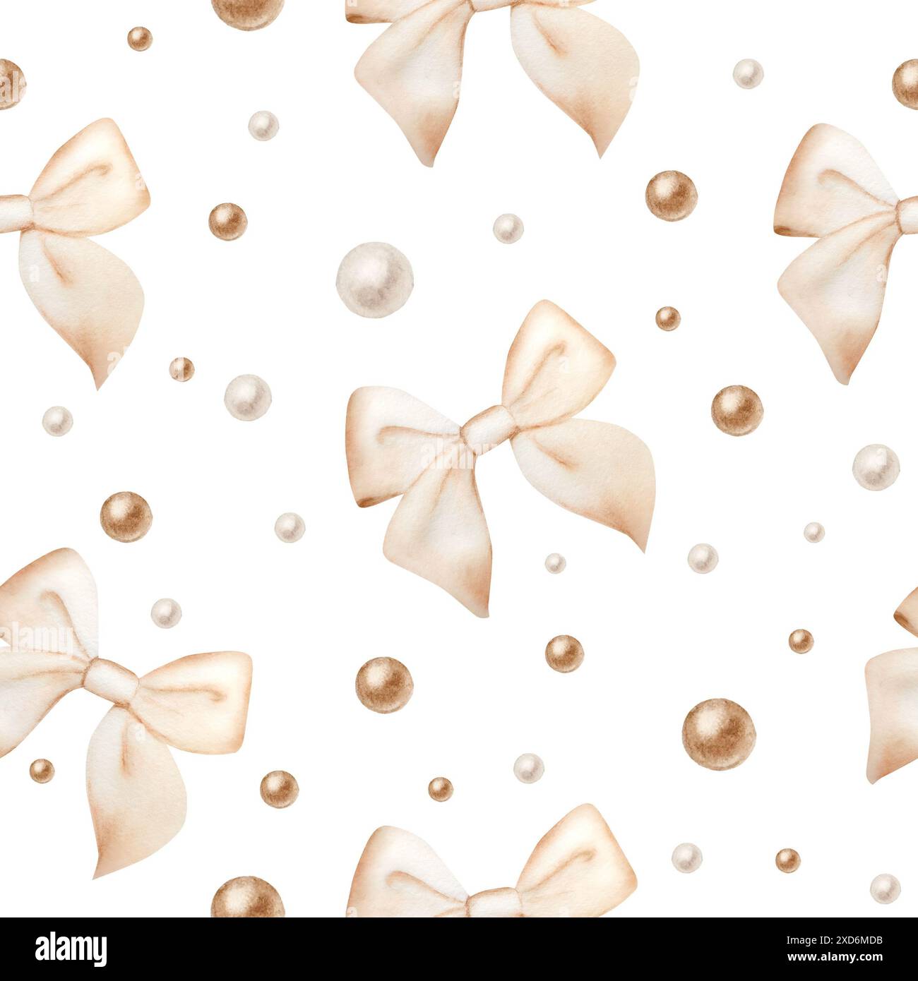 Seamless pattern with birthday and holiday pastel ribbon bow, silver, grey balls. Hand drawn watercolor children and girls illustration isolated on wh Stock Photo