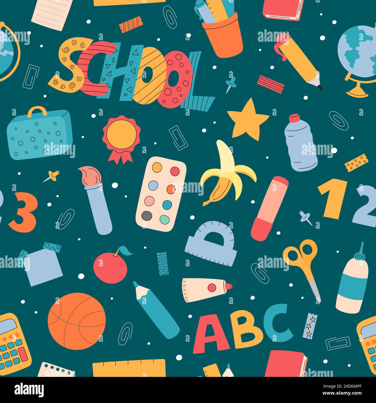 School seamless pattern. Vector background with cute educational elements. School supplies, accessories, tools. Office stationery repeating Stock Vector