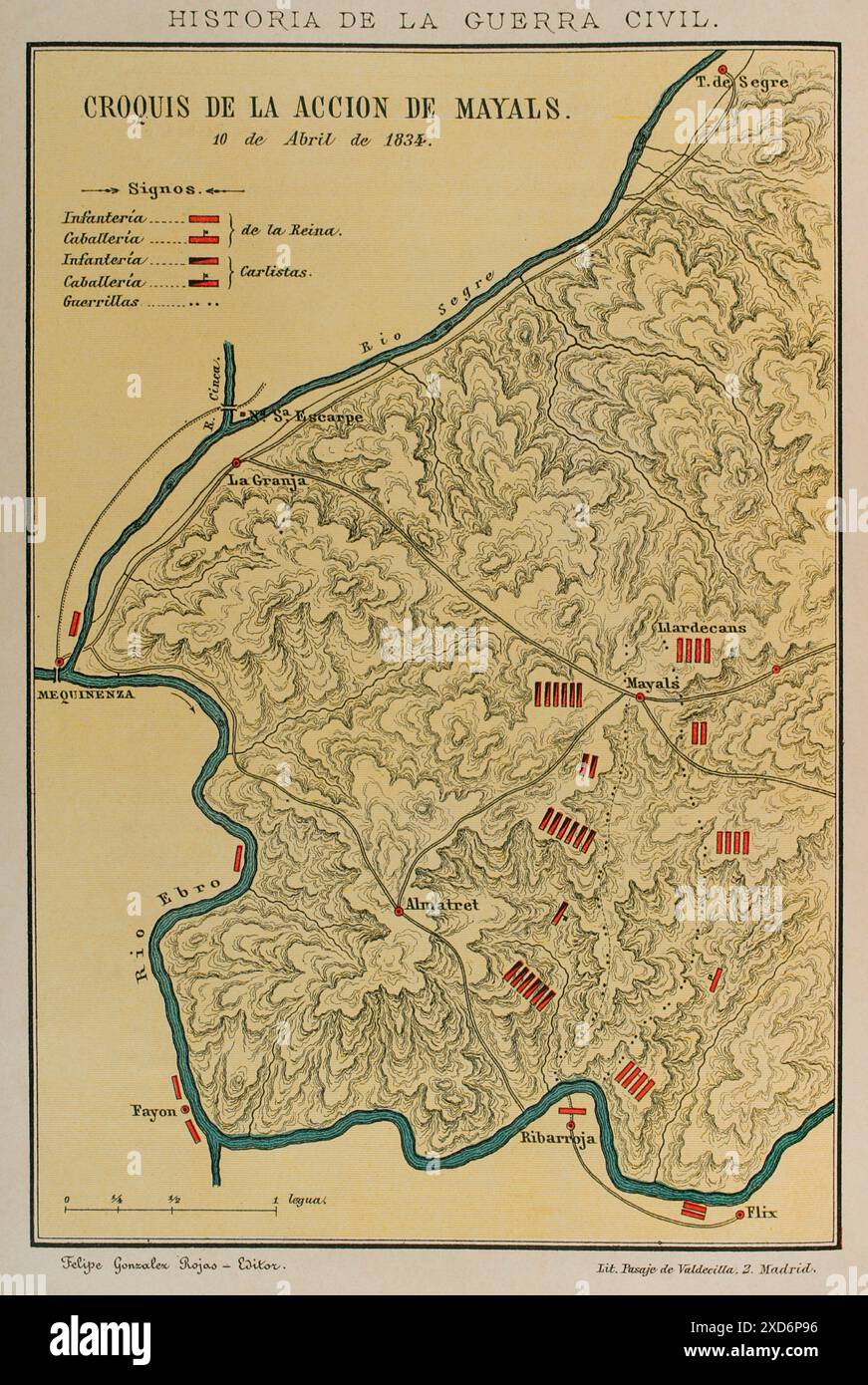 History of Spain. First Carlist War (1833-1840). Sketch of the Battle of Mayals. It took place on 10 April 1834, in the area surrounding the village of Mayals (Maials). The Carlist troops of General Manuel Carnicer were defeated by the Liberal army, formed by the columns commanded by Generals Josep Carratalà (commander general of Tarragona) and Manuel Bretón (commander general of Tortosa). 'Historia de la guerra civil y de los partidos liberal y carlista' (History of the Civil War and the Liberal and Carlist parties), by Antonio Pirala. Volume I. Madrid, 1889. Stock Photo