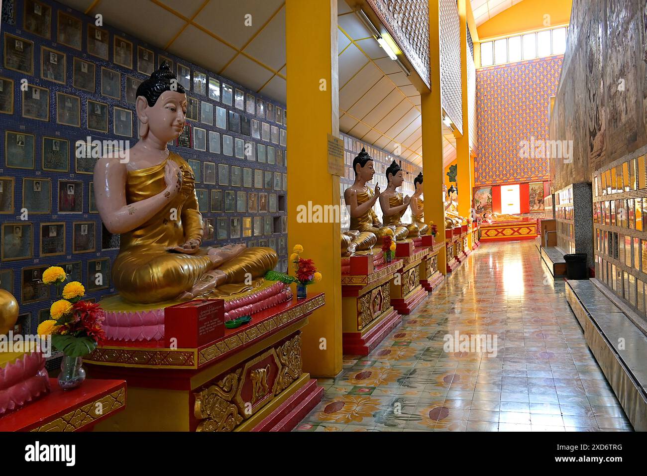 Columbarium at Wat Chayamangkalaram, Penang, located behind the Phra Chaiya Mongkol reclining Buddha statue, in the main prayer hall Stock Photo