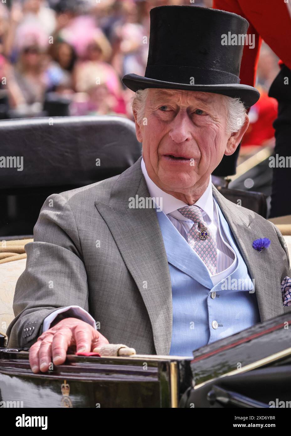 Ascot, Berkshire, UK. 20th June, 2024. King Charles III and Queen Camilla in their carriage. The Royal Procession with members of the Royal family and their guests in carriages makes its way through the parade ring at Royal Ascot on Day 3, Ladies Day, of the horse racing event. Royals and invited guests then mingle on the lawn before moving to the Royal enclosure. Credit: Imageplotter/Alamy Live News Stock Photo