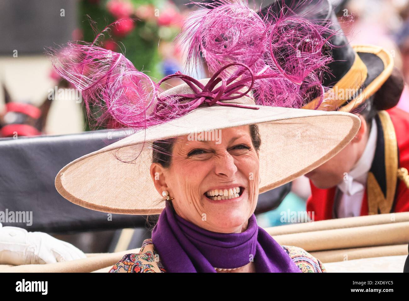 Ascot, Berkshire, UK. 20th June, 2024. Zahra Aga Khan in the carriage. The Royal Procession with members of the Royal family and their guests in carriages makes its way through the parade ring at Royal Ascot on Day 3, Ladies Day, of the horse racing event. Royals and invited guests then mingle on the lawn before moving to the Royal enclosure. Credit: Imageplotter/Alamy Live News Stock Photo