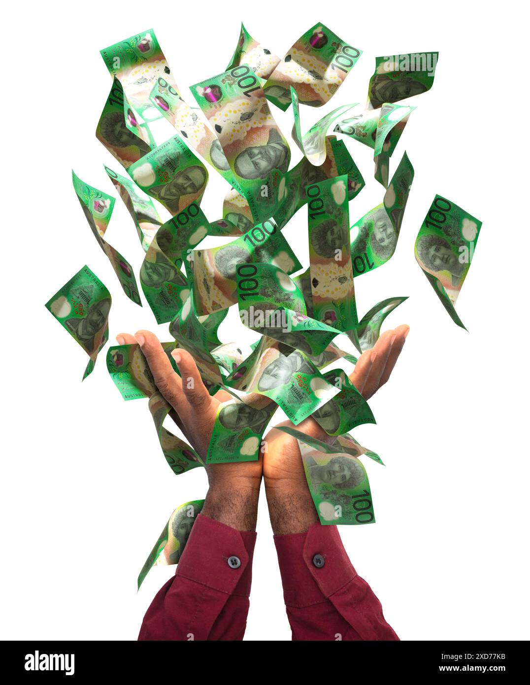 Australian dollar notes falling in black male hands isolated on white background. 3d rendered banknotes. Catching money Australia dollars Stock Photo