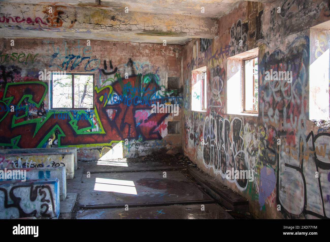 Graffiti on an abandoned building by York Redoubt National Historic