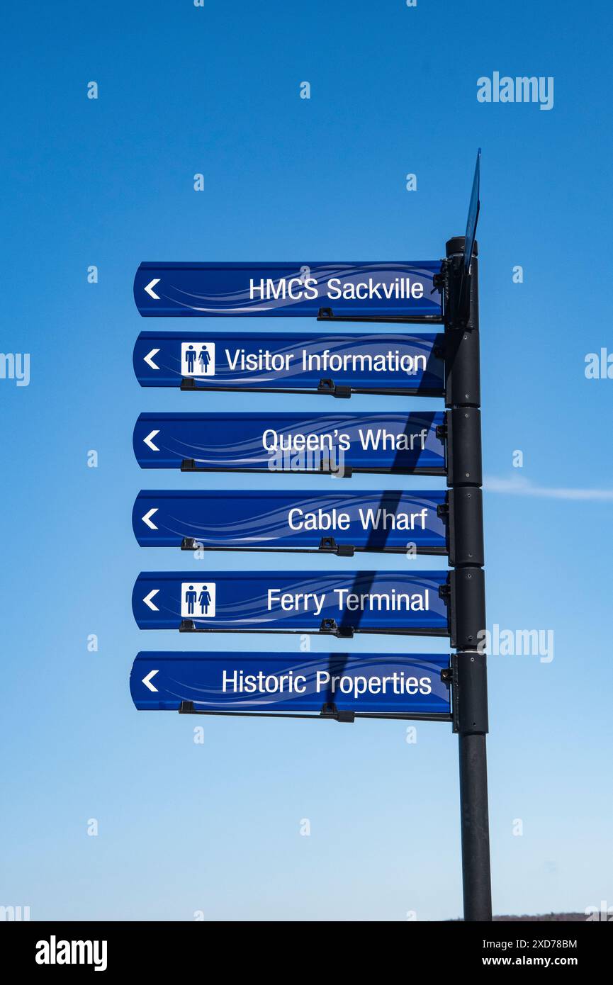 Harbourwalk signs at the waterfront boardwalk in Halifax, Nova Scotia, Canada Stock Photo