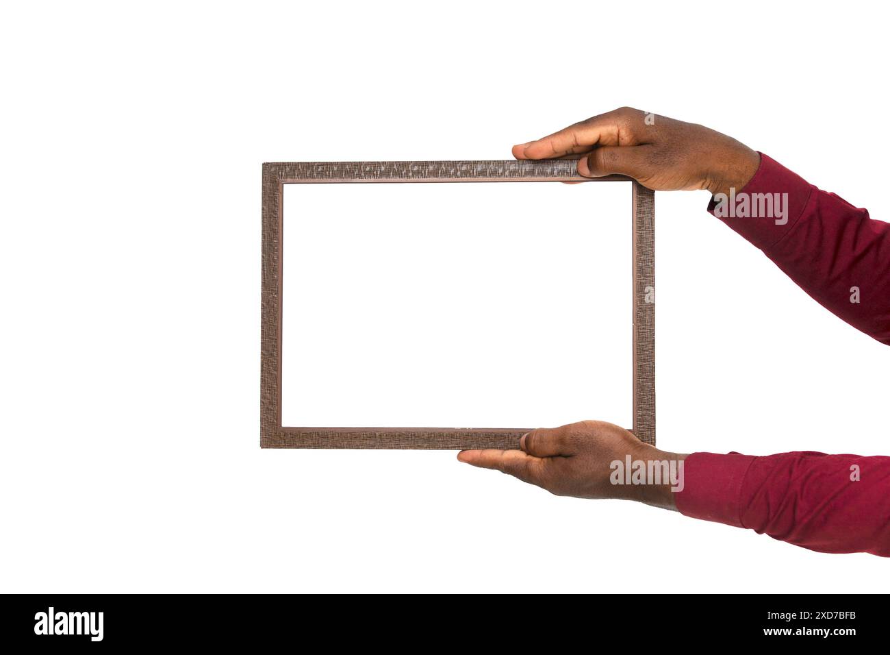 Black african hand holding rectangular wooden frame isolated on white ...