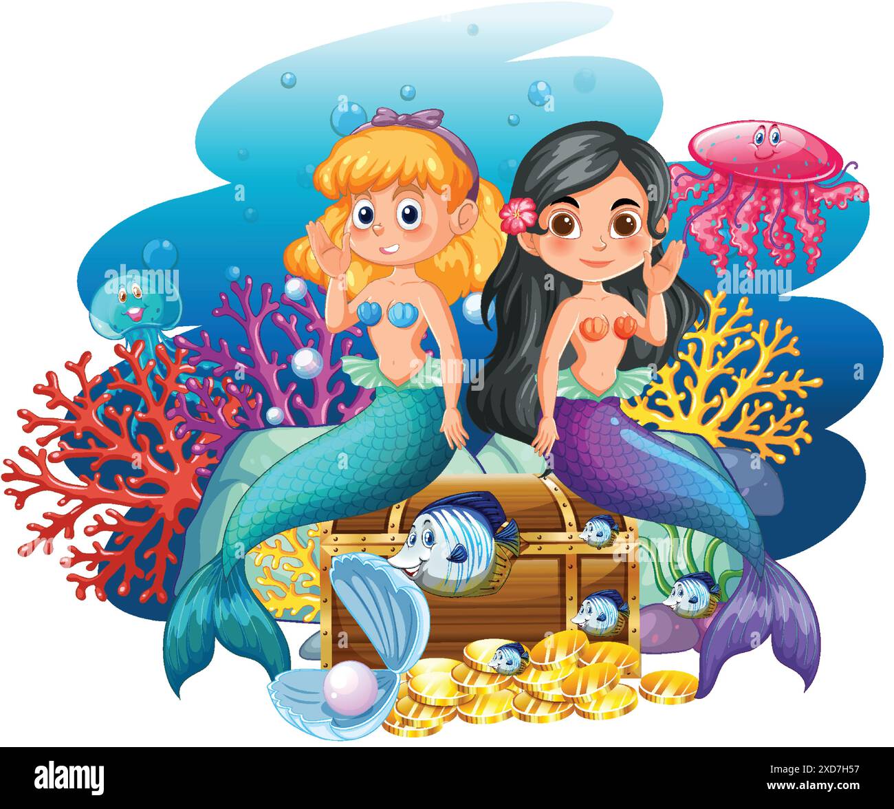 Two mermaids with treasure chest underwater Stock Vector Image & Art