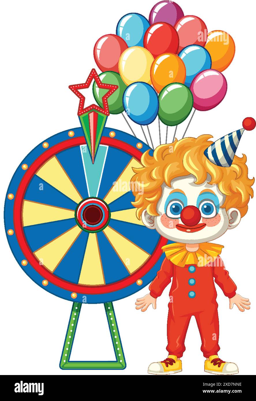 Cheerful clown holding balloons beside a colorful wheel Stock Vector ...