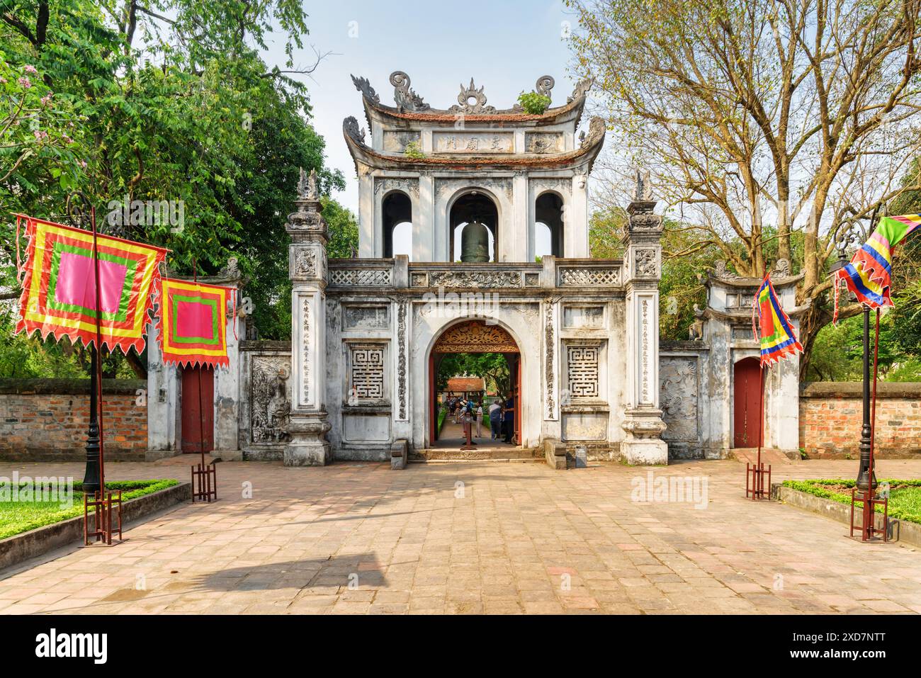 Hanoi, Vietnam - April 18, 2019: View of the main gate of the Temple of Literature. Ancient architectural styles of many dynasties. Stock Photo