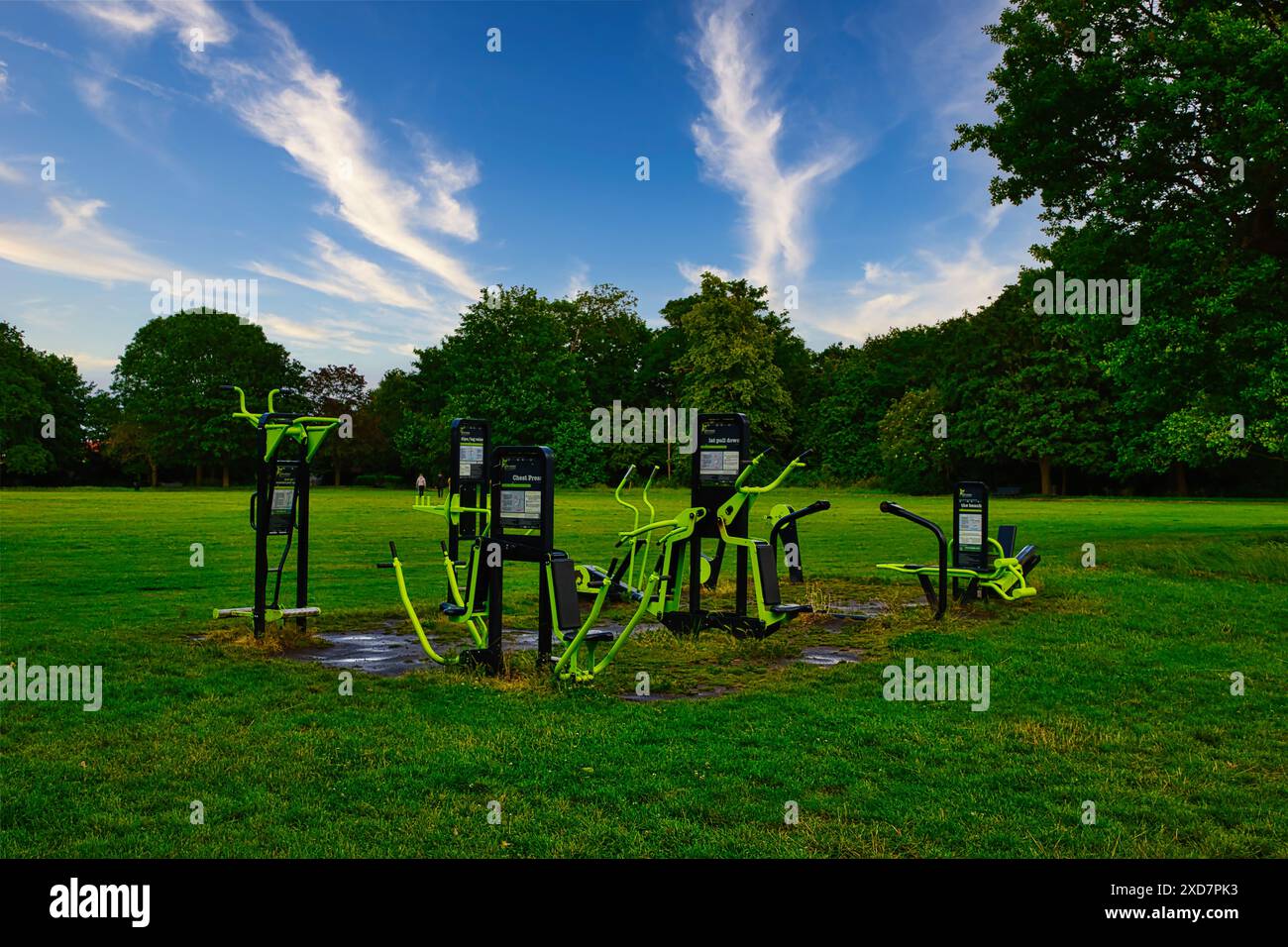Outdoor fitness equipment in a park with green grass and trees under a ...