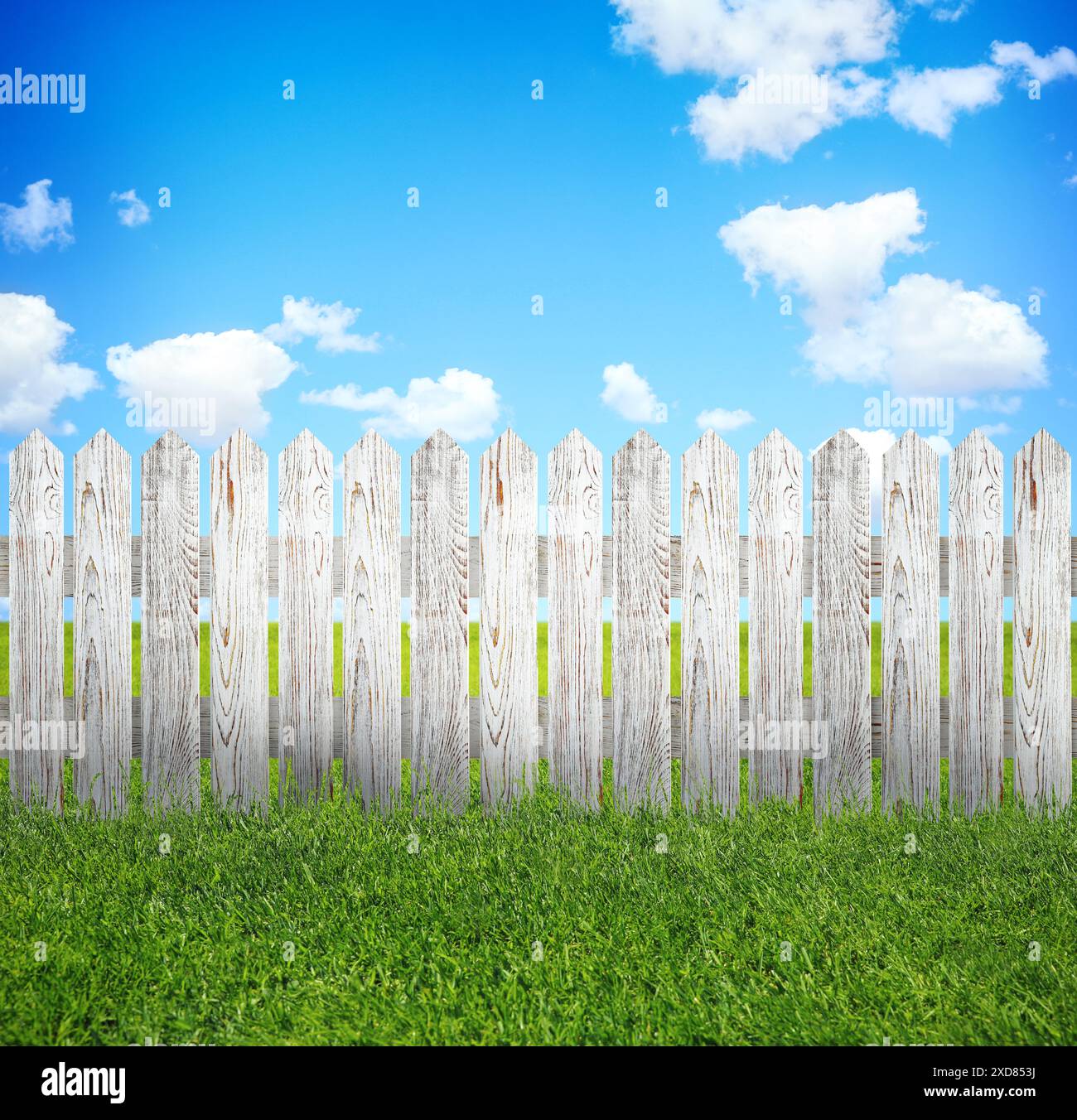 Wooden fence and green grass under blue sky with clouds outdoors Stock ...