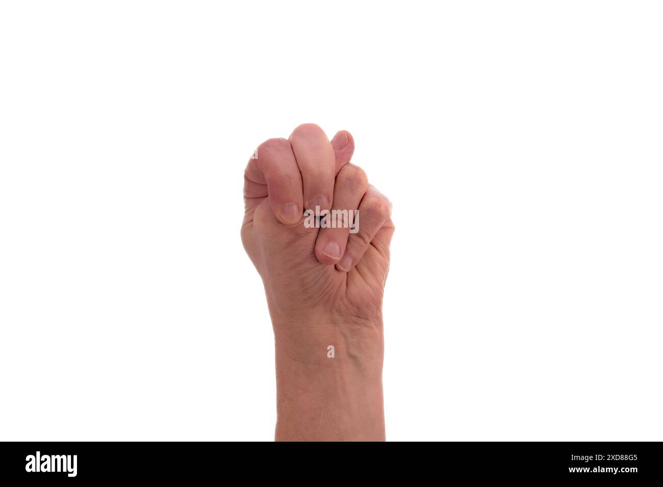 Hand signs. Male hand with thumb between fingers directed upward
