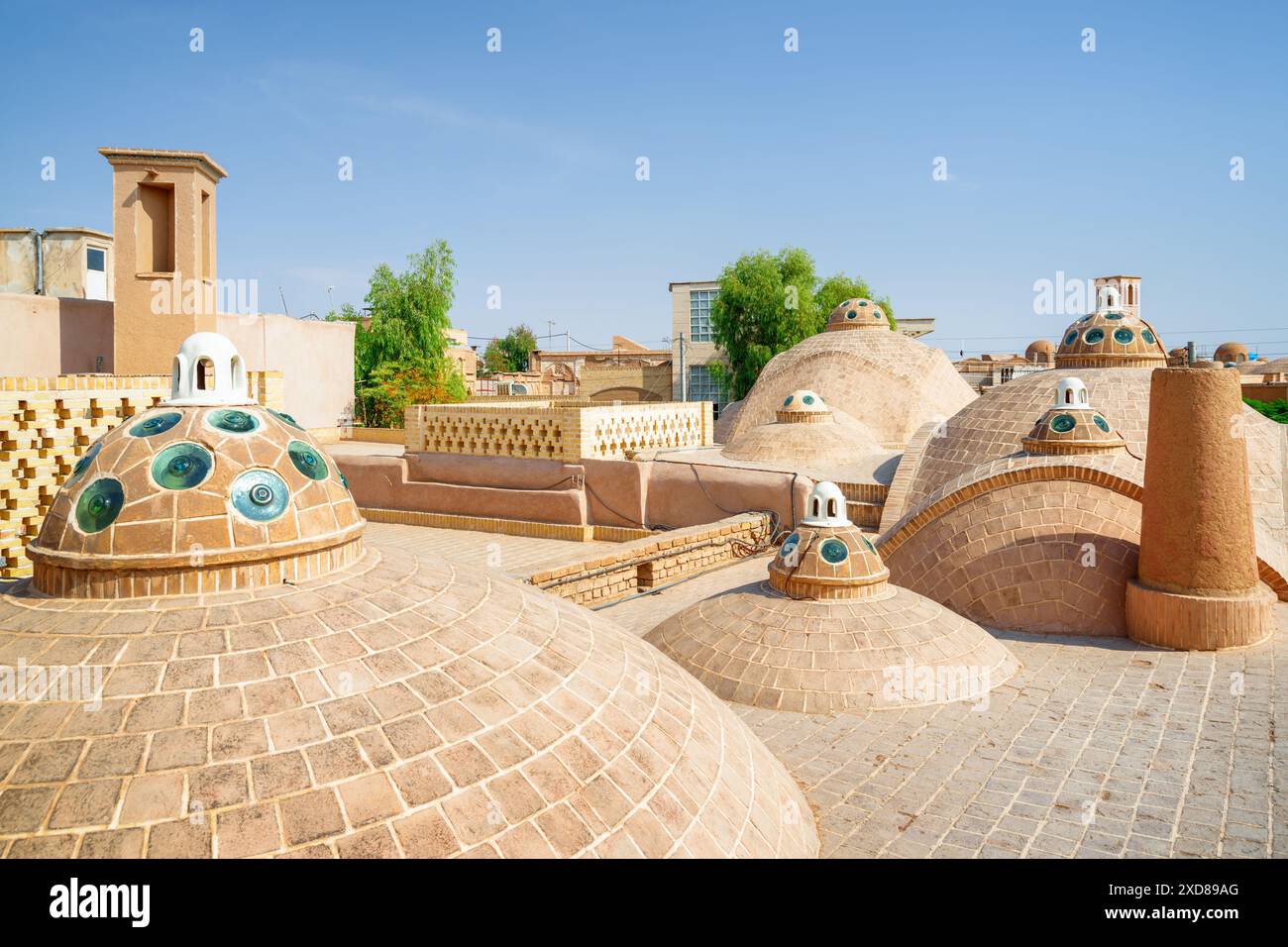 Beautiful domes with convex glasses on scenic roof of Sultan Amir Ahmad Bathhouse in Kashan, Iran. Traditional Iranian public bathhouse. Stock Photo