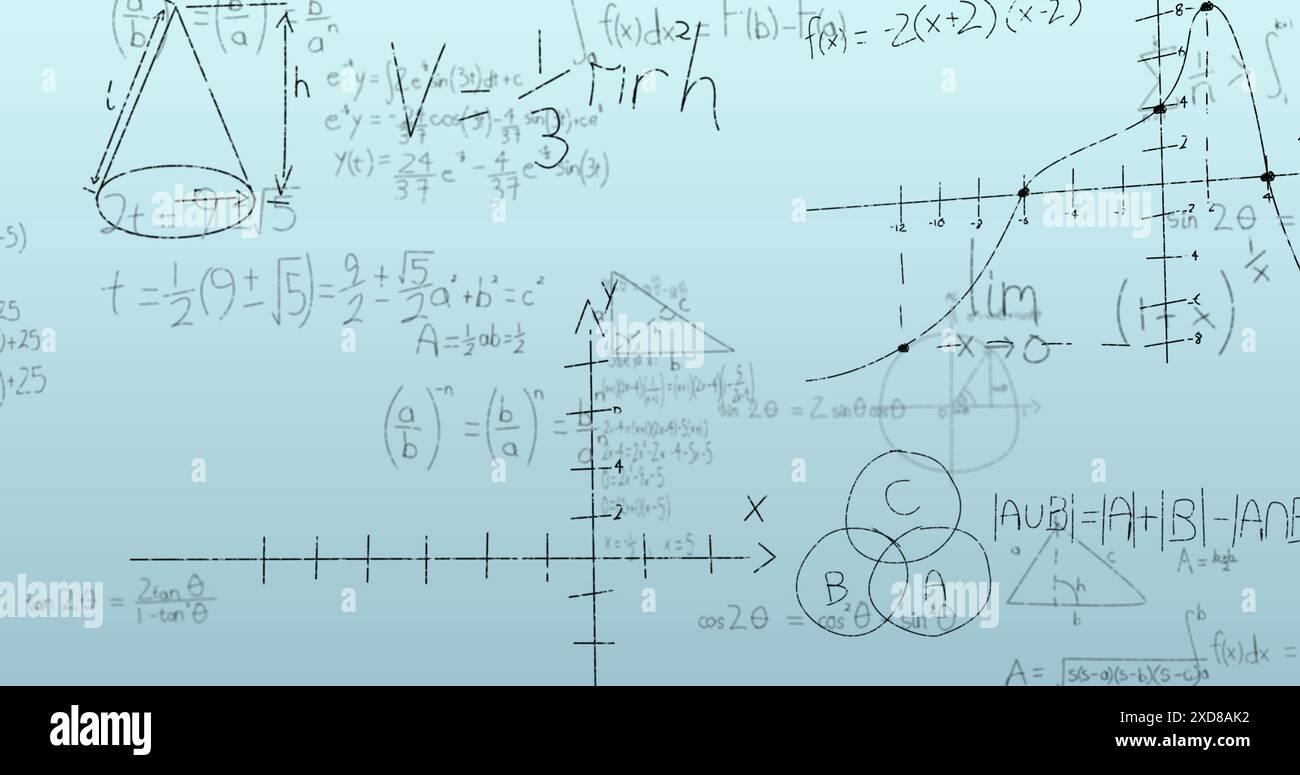 Image of mathematical data processing on blue background Stock Photo