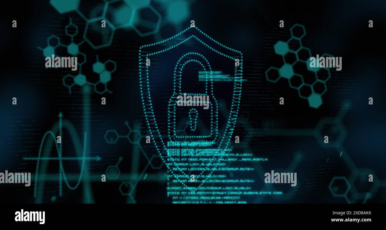 Image of security padlock icon, chemical structures and data processing against blue background Stock Photo