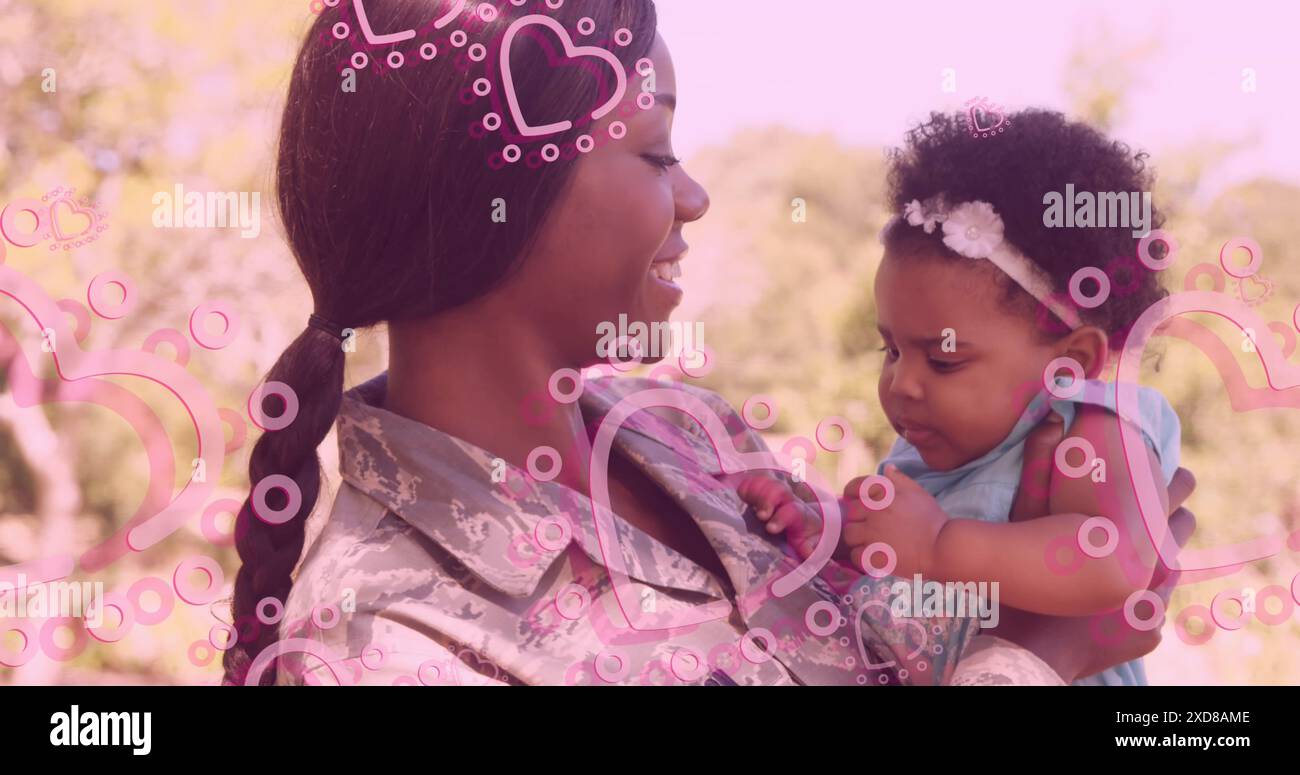 Image of heart icons over happy african american female soldier with daughter Stock Photo