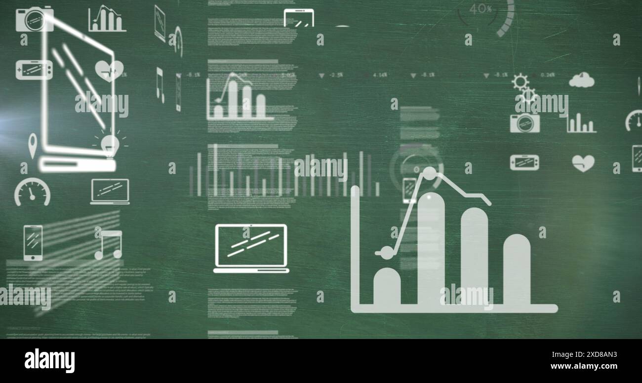 Image of digital icons and data processing over green background Stock Photo