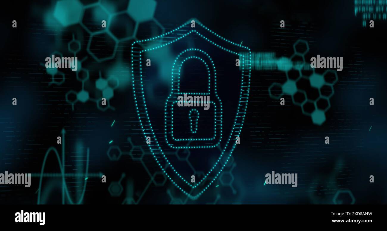 Image of security padlock icon, chemical structures and data processing against blue background Stock Photo