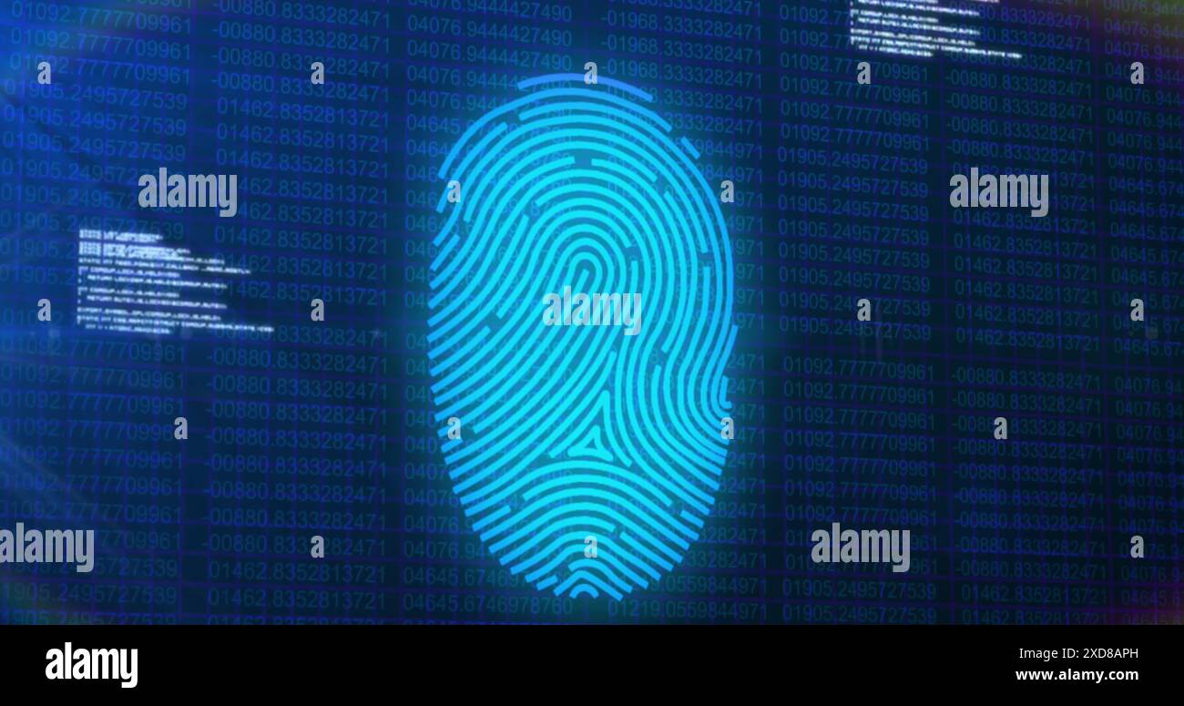 Image of biometric fingerprint scanner and data processing against blue background Stock Photo