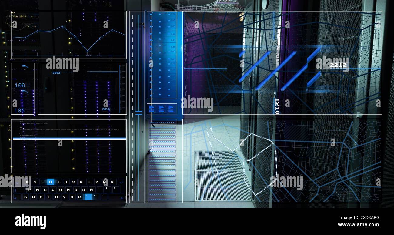 Image of interface with data processing against computer server room Stock Photo