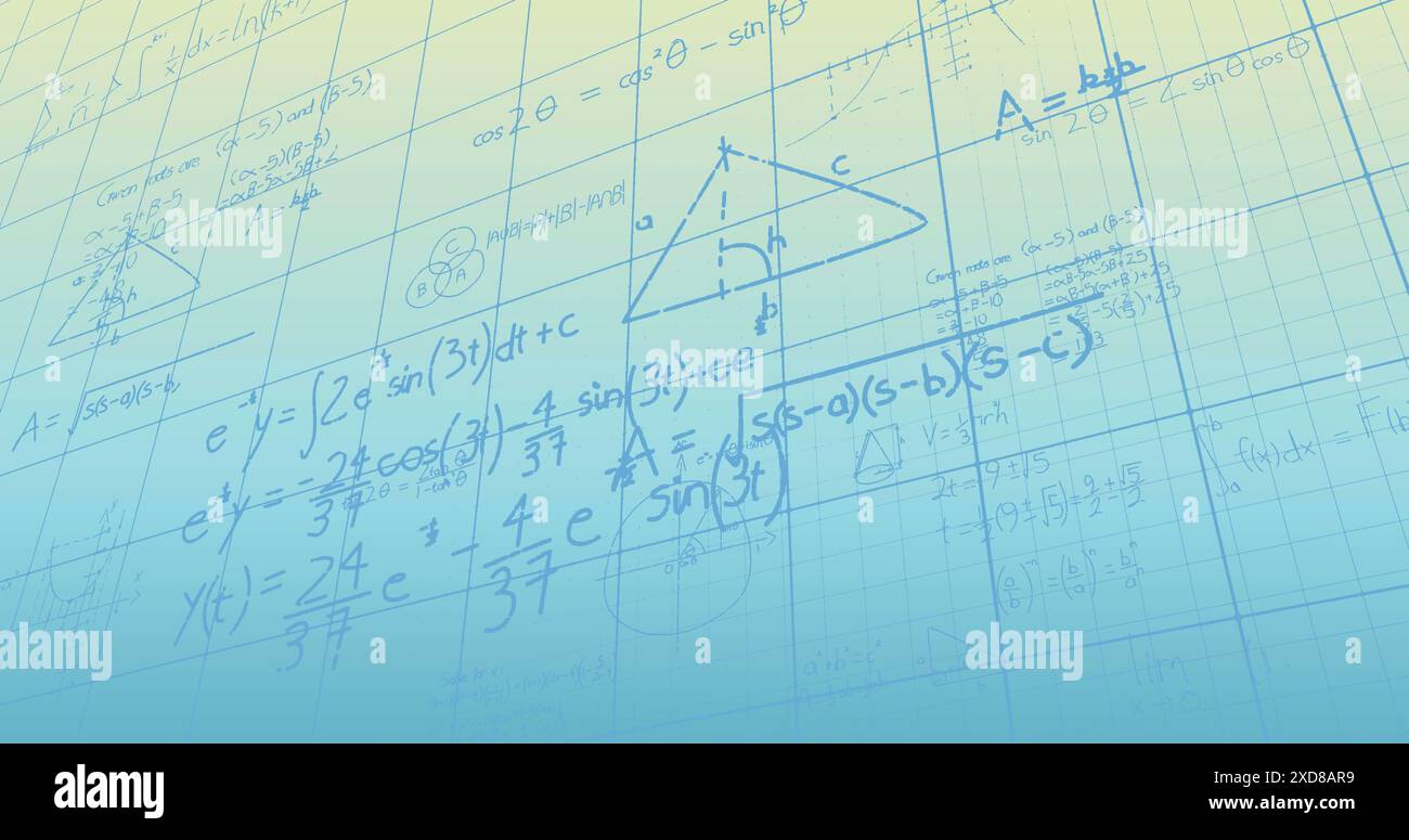 Image of mathematical data processing over blue background Stock Photo
