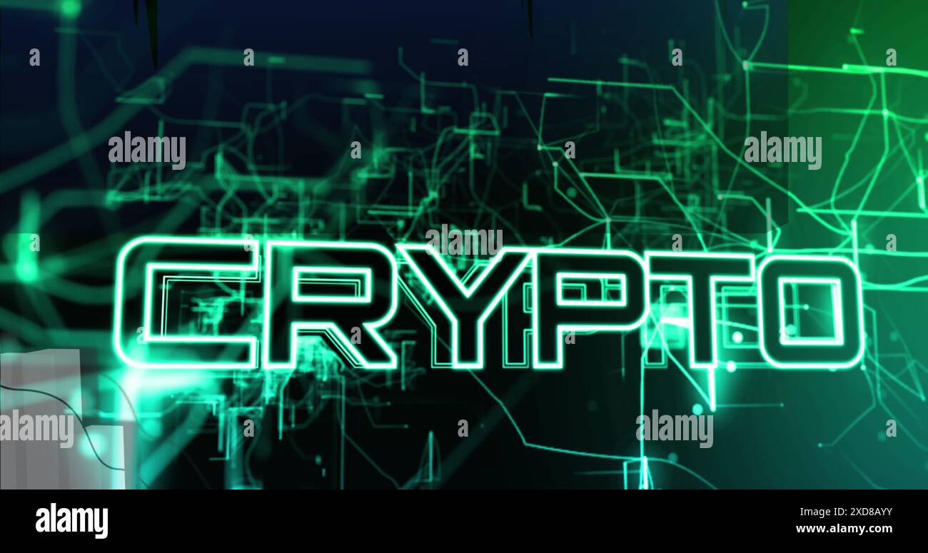 Image of crypto currency text and financial data processing Stock Photo